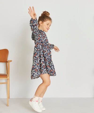 SETS radius - NAVY BLUE RUFFLE DRESS WITH WHITE AND ORANGE FLORAL PRINT