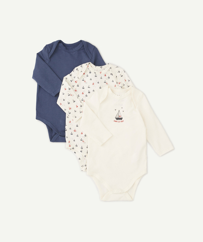Essentials : 50% off 2nd item* family - PACK OF THREE BODYSUITS IN ORGANIC COTTON WITH A BOAT PRINT