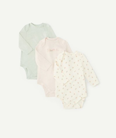 Essentials : 50% off 2nd item* family - PACK OF THREE BODYSUITS IN GREEN AND PINK ORGANIC COTTON