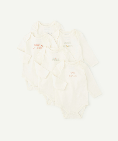 Essentials : 50% off 2nd item* family - PACK OF FIVE WHITE ORGANIC COTTON BODYSUITS WITH A MESSAGE