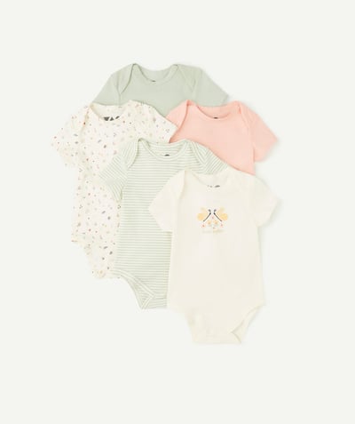 Essentials : 50% off 2nd item* family - PACK OF FIVE BODYSUITS IN PINK AND GREEN ORGANIC COTTON