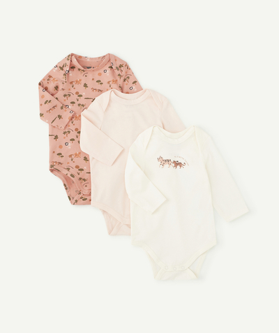 Essentials : 50% off 2nd item* family - PACK OF THREE BABIES' BODYSUITS IN ORGANIC COTTON WITH PINK ANIMAL PRINTS
