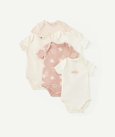 Essentials : 50% off 2nd item* family - PACK OF FIVE ORGANIC COTTON BODYSUITS IN PINK AND WHITE