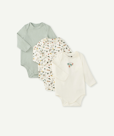Essentials : 50% off 2nd item* family - PACK OF THREE MONKEY-PRINT BODYSUITS IN WHITE AND GREEN ORGANIC COTTON