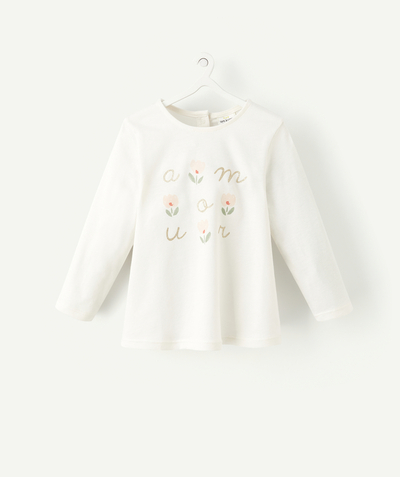 Baby-girl radius - BABY GIRLS' CREAM T-SHIRT IN ORGANIC COTTON WITH A MESSAGE AND FLOWERS