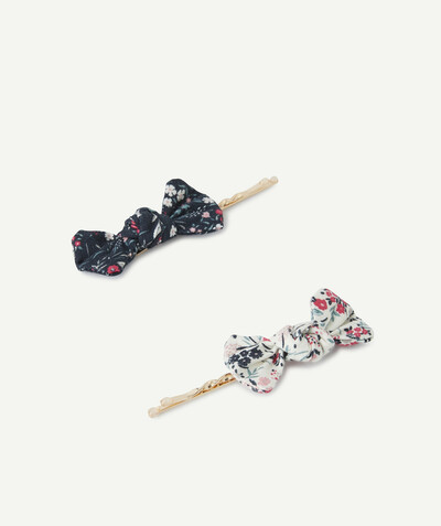 Special occasions' accessories radius - SET OF TWO GOLDEN HAIR SLIDES WITH A FLOWER-PATTERNED COTTON BOW