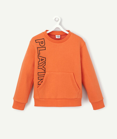 New In radius - ORANGE SWEATSHIRT IN ORGANIC COTTON WITH A MESSAGE AND A POCKET