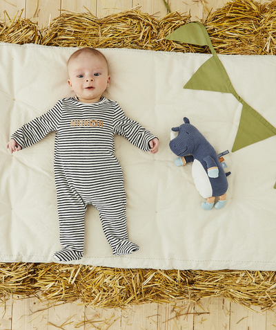 Essentials : 50% off 2nd item* family - BABIES' SLEEPSUIT IN ORGANIC COTTON VELVET WITH BLUE AND WHITE STRIPES
