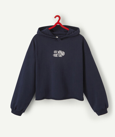 Teen girls' clothing Tao Categories - NAVY BLUE COTTON SWEATSHIRT WITH A HOOD AND A MESSAGE