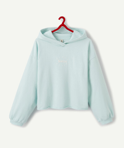 Teen girls' clothing Tao Categories - MINT COTTON SWEATSHIRT WITH A HOOD AND MESSAGE