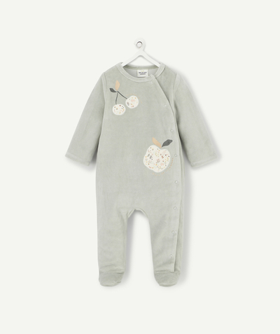 Pyjamas family - SLEEPSUIT IN VELVET AND ORGANIC COTTON WITH A FRUIT PRINT