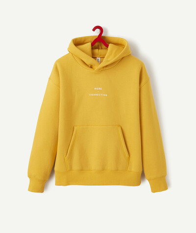Pullover - Cardigan Sub radius in - YELLOW SWEATSHIRT WITH A HOOD AND A MESSAGE