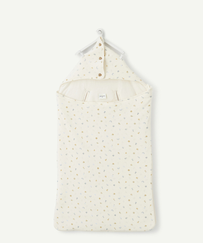 Sleep bag - Playsuit - Pramsuits family - CREAM AND PASTEL ANGEL'S NEST IN ORGANIC COTTON WITH A HOOD