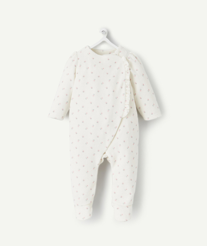 Essentials : 50% off 2nd item* family - WHITE SLEEPSUIT IN VELVET AND RECYCLED FIBRES WITH FLOWERS