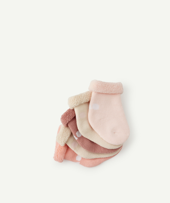 Booties - hat - mittens radius - PACK OF FIVE PAIRS OF BABY SOCKS IN PINK ORGANIC COTTON