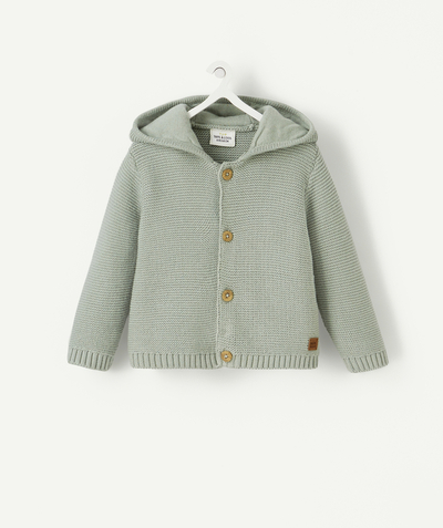 Clothing radius - BABIES' HOODED KNITTED CARDIGAN IN SEA GREEN