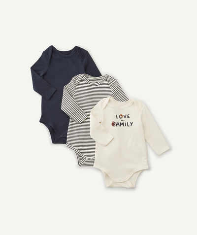 Sales radius - PACK OF THREE PLAIN, STRIPED, AND MESSAGE BODYSUITS IN ORGANIC COTTON