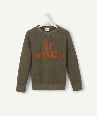 Pullover - Cardigan radius - KHAKI JUMPER IN KNITTED COTTON WITH A MESSAGE IN BOUCLE