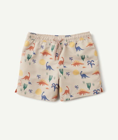 Swimwear family - BEIGE SWIMMING TRUNKS IN RECYCLED FIBRES WITH DINOSAURS
