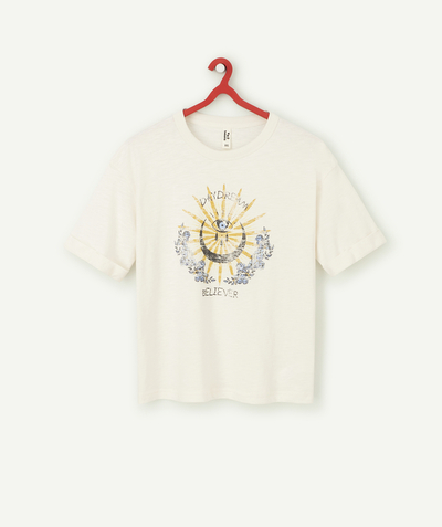 90' trends Tao Categories - GIRLS' OVERSIZED T-SHIRT IN CREAM RECYCLED COTTON WITH A SUN PRINT