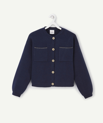 Outlet radius - GIRLS' SOFT NAVY BLUE KNITTED CARDIGAN WITH POCKETS