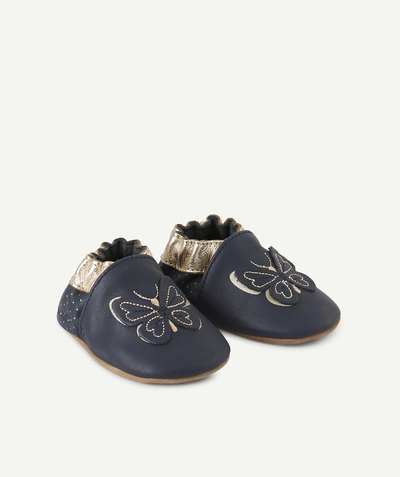 Booties - hat - mittens radius - NAVY BLUE LEATHER SLIPPERS WITH BUTTERFLIES