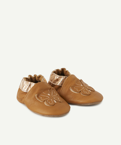 Booties - hat - mittens radius - CAMEL AND GOLD LEATHER SLIPPERS WITH BUTTERFLIES