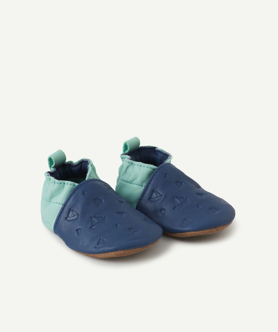 Baby-girl radius - ROBEEZ® - BLUE AND GREEN LEATHER SLIPPERS WITH BOATS