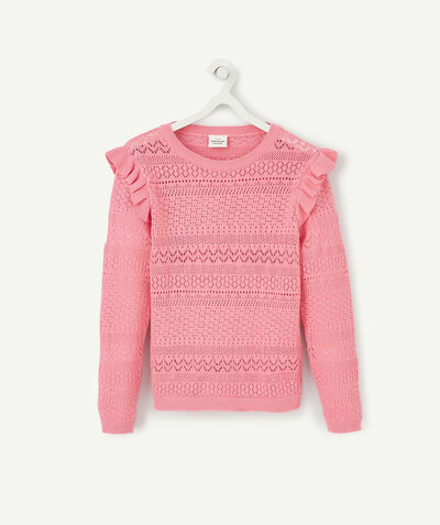 Swetry - Swetry rozpinane Rayon - RÓŻOWY DZIANINOWY SWETER Z FALBANKAMI NA RAMIONACH