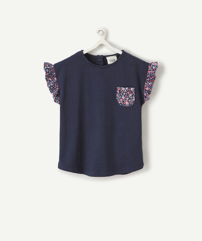 T-shirty - Koszulki Rayon - GRANATOWY T-SHIRT Z BAWEŁNY EKOLOGICZNEJ Z DETALAMI W KWIATY