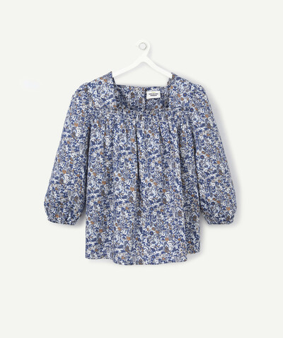 Shirt - Blouse radius - BLUE AND FLOWER-PATTERNED SQUARE-NECKED BLOUSE IN COTTON