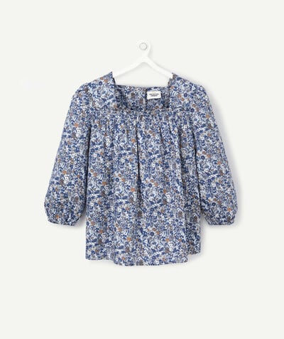 Baby-girl radius - BLUE AND FLOWER-PATTERNED SQUARE-NECKED BLOUSE IN COTTON