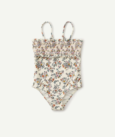 Girl radius - ONE PIECE CREAM AND FLOWER-PATTERNED SWIMSUIT WITH A SMOCKED CHEST