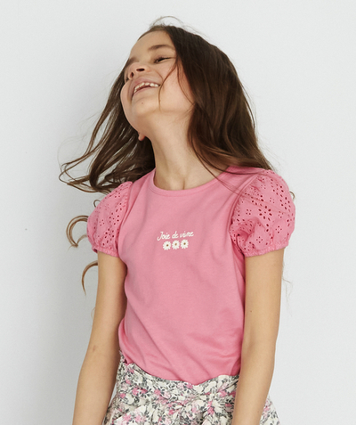 TOP radius - PINK T-SHIRT WITH BRODERIE ANGLAIS SLEEVES IN ORGANIC COTTON
