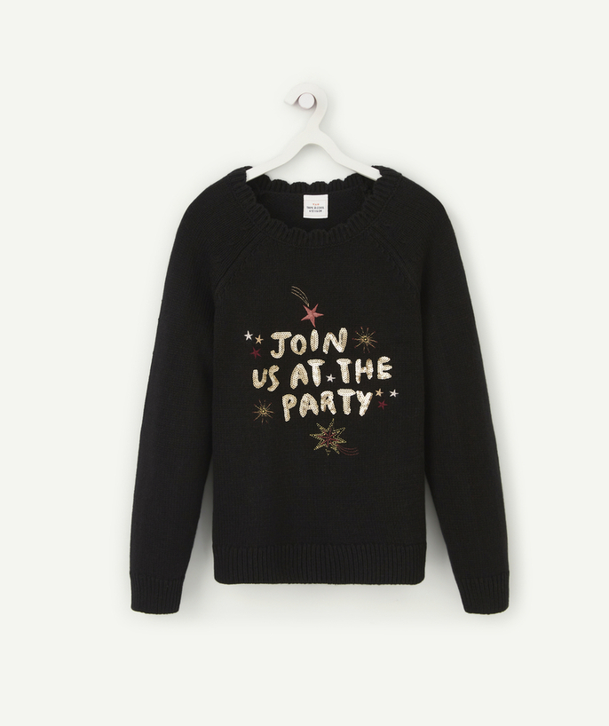 Party outfits Tao Categories - GIRLS' BLACK KNITTED JUMPER WITH A SEQUINNED MESSAGE AND STARS