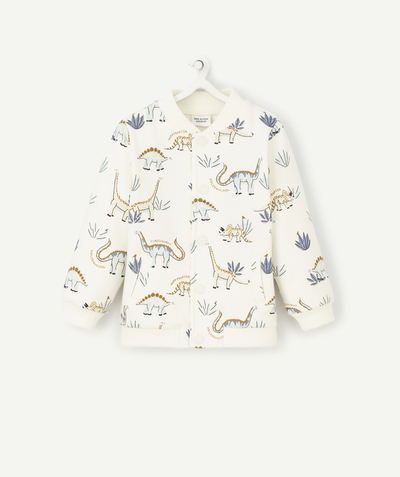 Pullover - Sweatshirt Tao Categories - BABY BOYS' WAISTCOAT IN WHITE RECYCLED FIBERS WITH A DINOSAUR PRINT