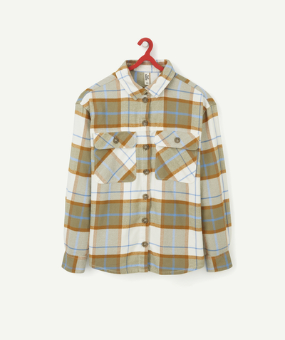 Teen girls' clothing Tao Categories - BOYS' GREEN AND ORANGE CHECKED SHIRT IN RECYCLED FIBERS