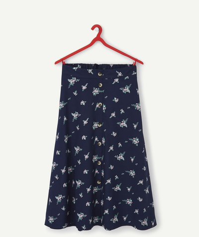 Shorts - Skirt Sub radius in - GIRLS' NAVY BLUE AND FLORAL PRINT LONG SKIRT IN ECO-FRIENDLY VISCOSE