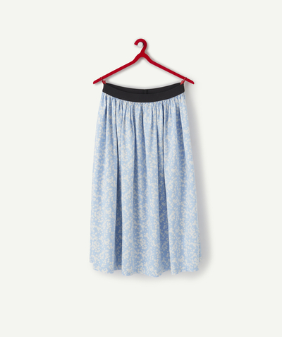 Teen girls' clothing Tao Categories - GIRLS' BLUE AND FLORAL PRINT MIDI SKIRT IN ECO-FRIENDLY VISCOSE