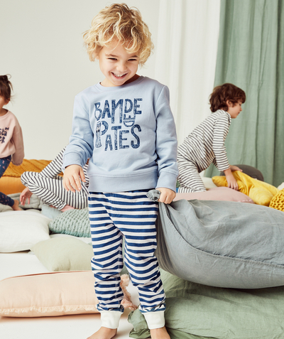 Pyjamas Famille - PYJAMA GARÇON EN COTON RECYCLÉ BLEU AVEC RAYURES THÈME PASTA