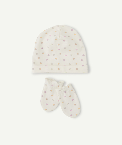 Baby-girl radius - NEWBORN BABY SET WITH A HAT AND MITTENS PRINTED WITH HEARTS