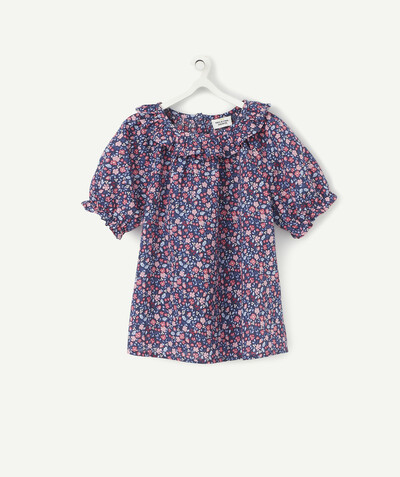 Shirt - Blouse radius - BLUE AND PINK FLOWER-PATTERNED BLOUSE WITH A FRILLY NECK