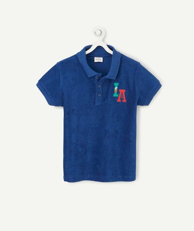 Koszule - Koszulki Polo Rayon - MIĘKKI GRANATOWY T-SHIRT POLO Z APLIKACJĄ NA KLATCE PIERSIOWEJ