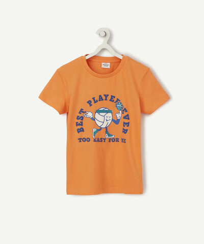 Private sales radius - ORANGE T-SHIRT IN ORGANIC COTTON WITH A BASKETBALL DESIGN