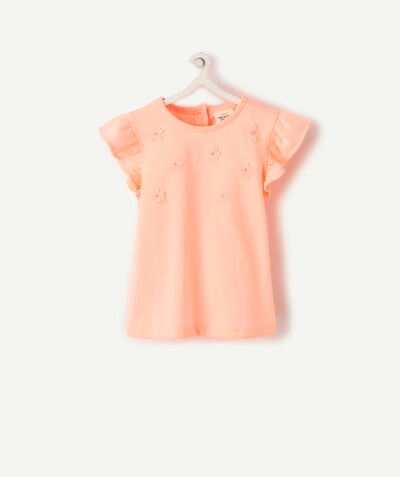 Basics radius - FLUORESCENT PINK T-SHIRT WITH FLOWERS IN RELIEF IN ORGANIC COTTON