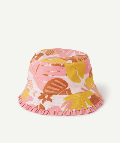 Baby-girl radius - REVERSIBLE PLAIN PINK BUCKET HAT WITH A TROPICAL PRINT