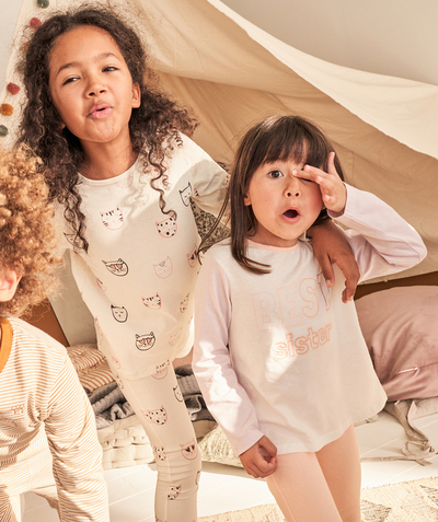 Back to school collection radius - GIRLS' PYJAMAS IN CREAM COTTON WITH A CAT PRINT