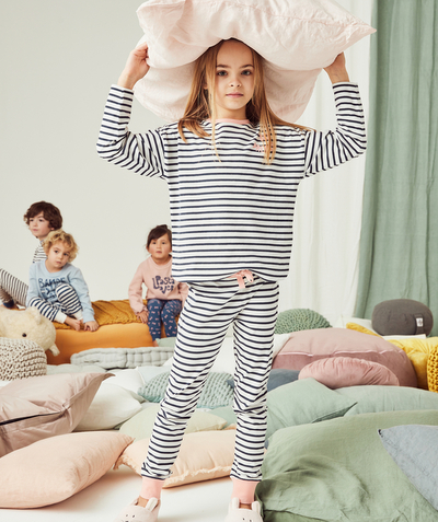 Pyjamas Famille - PYJAMA FILLE EN COTON RAYÉ BLEU ET BLANC