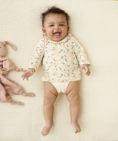 Baby-girl radius - CREAM AND FLOWER-PATTERNED TWO-IN-ONE T-SHIRT BODYSUIT IN ORGANIC COTTON