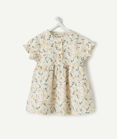 Clothing radius - WHITE SHORT-SLEEVED DRESS IN ORGANIC COTTON WITH A FLOWER-PATTERNED PRINT
